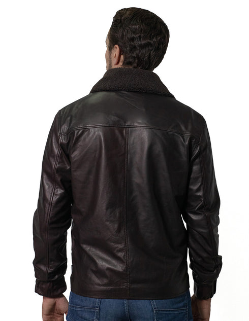 Chamarra Perry Ellis para Caballero en Piel Café Oscuro con Cuello de Borrego.